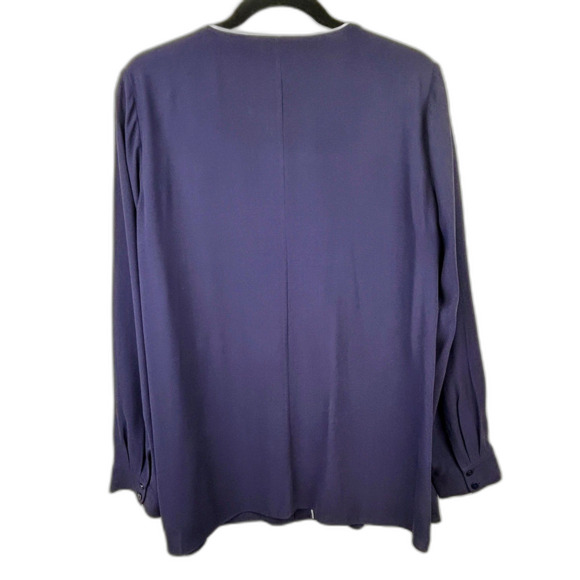 Eileen Fisher Georgette Piped Blouse 100% Silk Crepe Button Down Top Navy Blue M - Picture 5 of 13